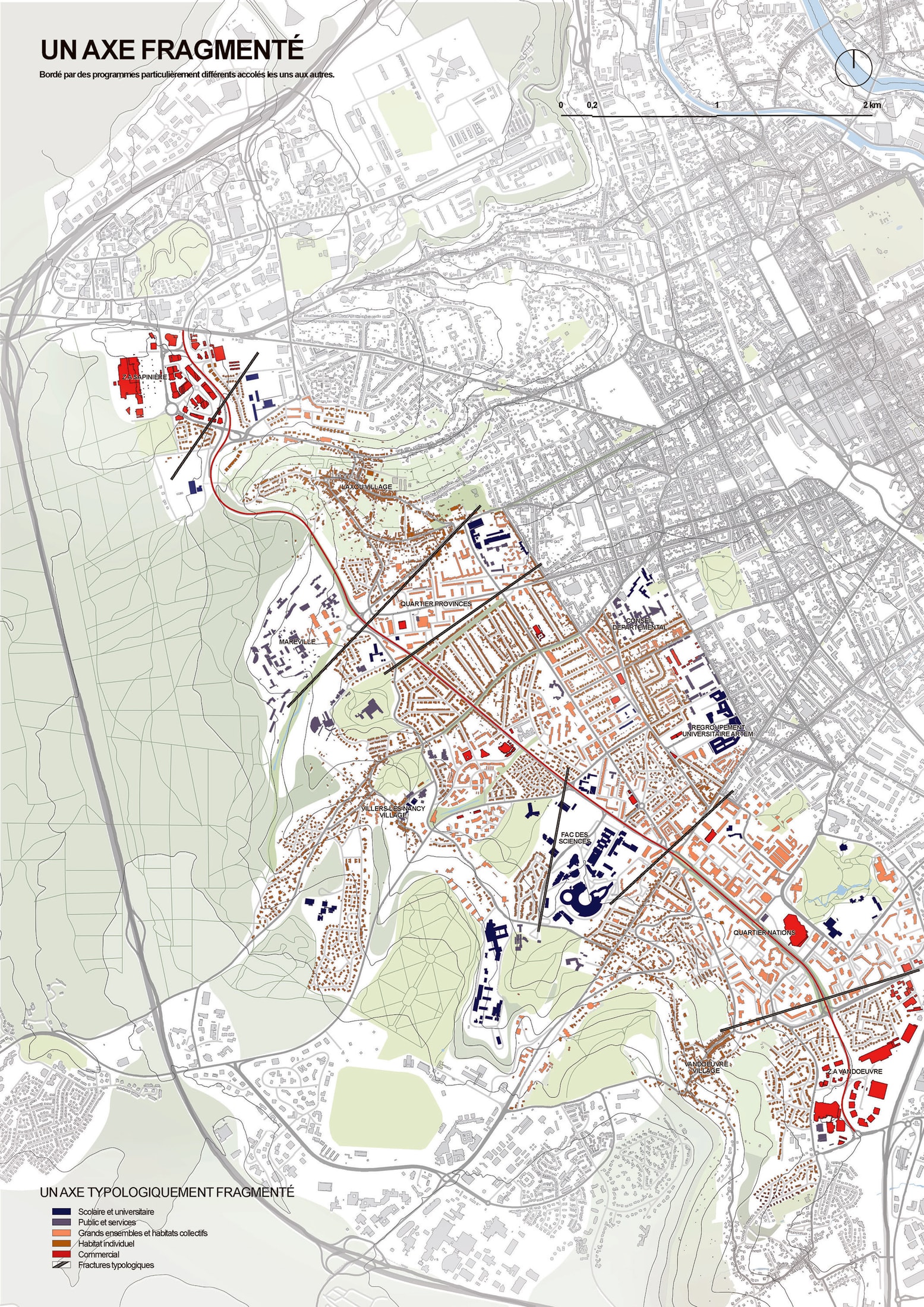 Typologies des zones monofonctionnelles le long de l'axe des Aiguillettes